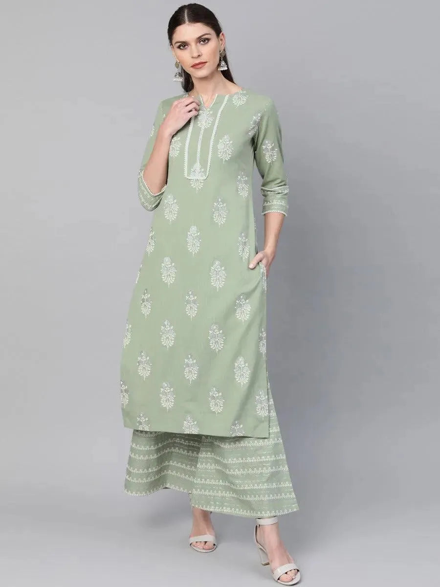 Green Printed Cotton Kurta Set - Libas