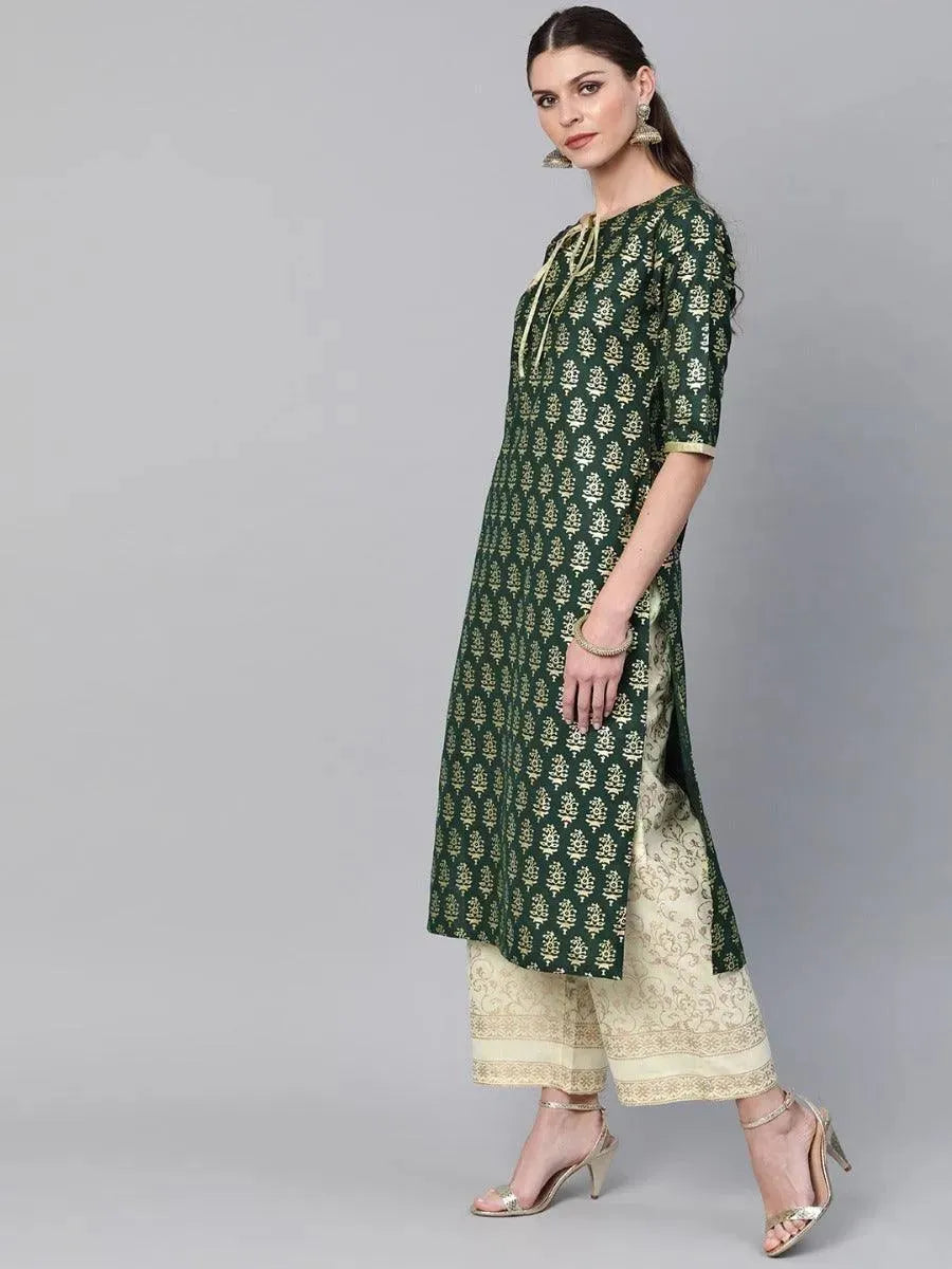 Green Printed Cotton Kurta Set - Libas