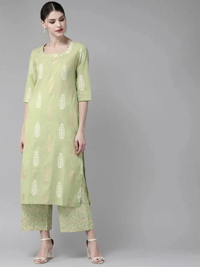 Pastel Green Printed Cotton Kurta Set - Libas