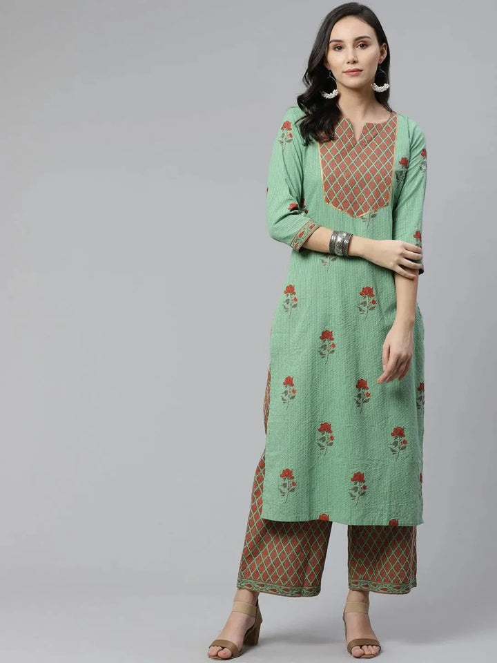 Green Printed Cotton Kurta Set - Libas