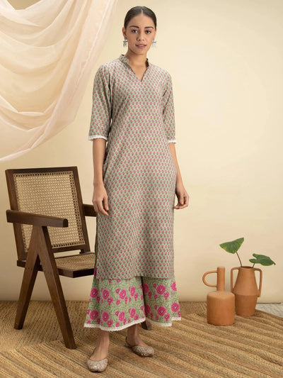 Green Printed Cotton Kurta Set - Libas