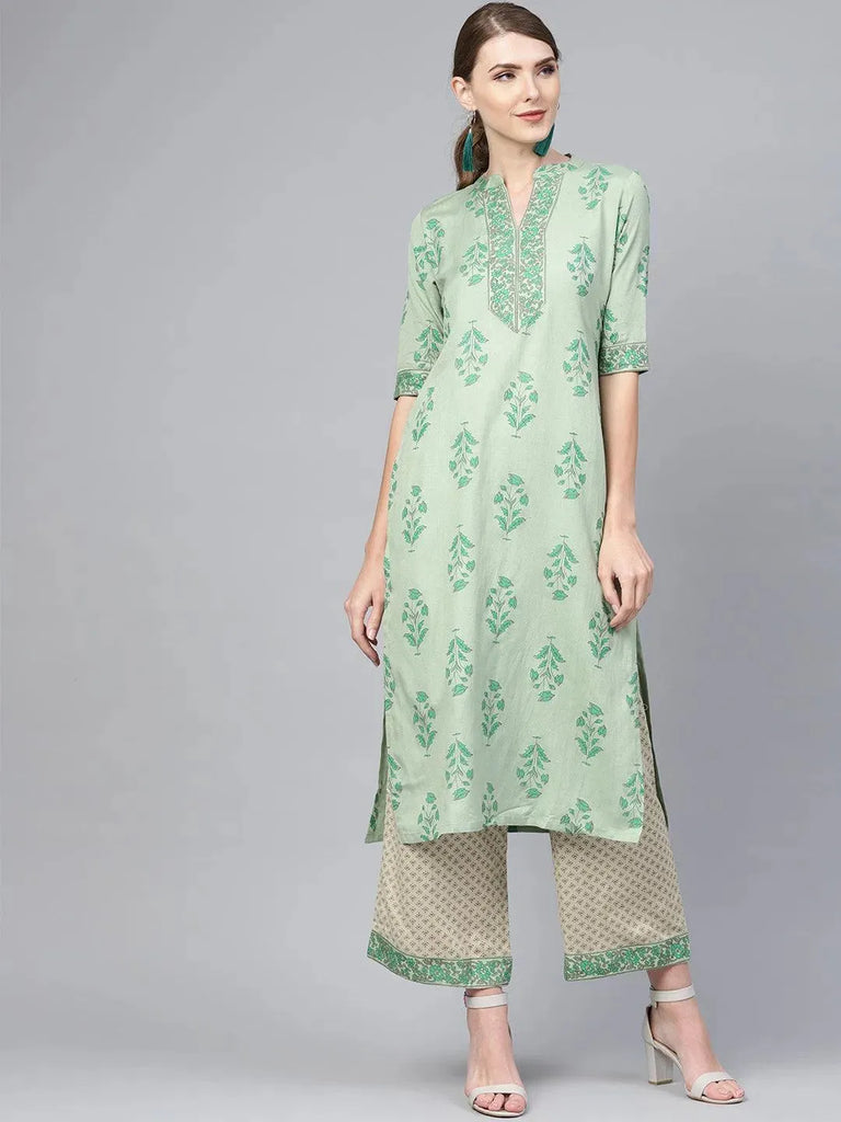 Libas Green Printed Cotton Straight Kurta With Palazzos