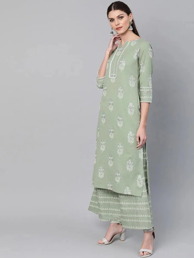 Green Printed Cotton Kurta Set - Libas