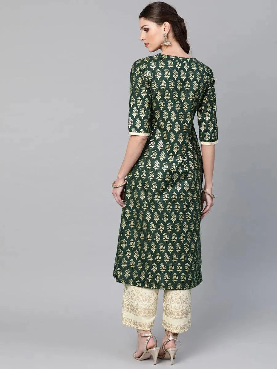 Green Printed Cotton Kurta Set - Libas