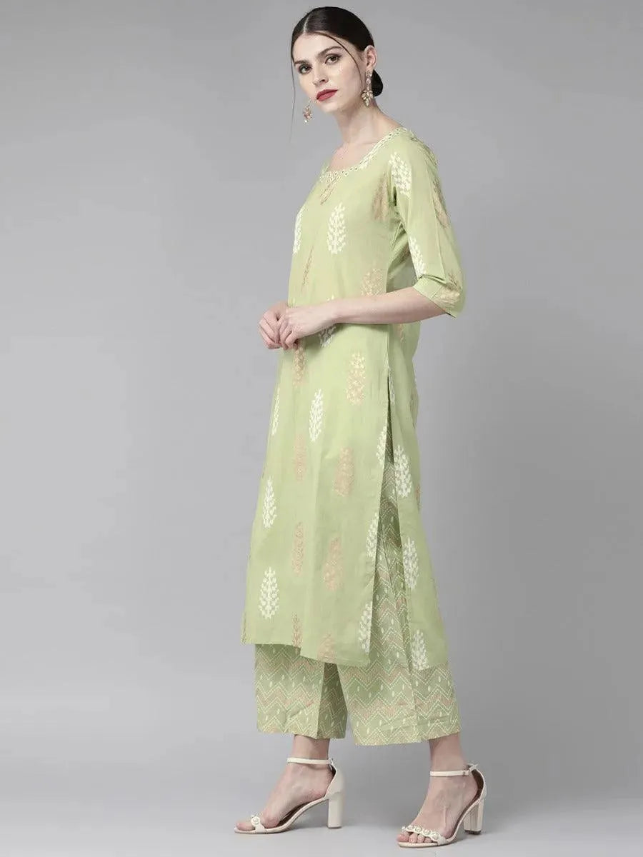 Pastel Green Printed Cotton Kurta Set - Libas