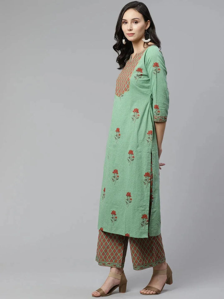 Green Printed Cotton Kurta Set - Libas