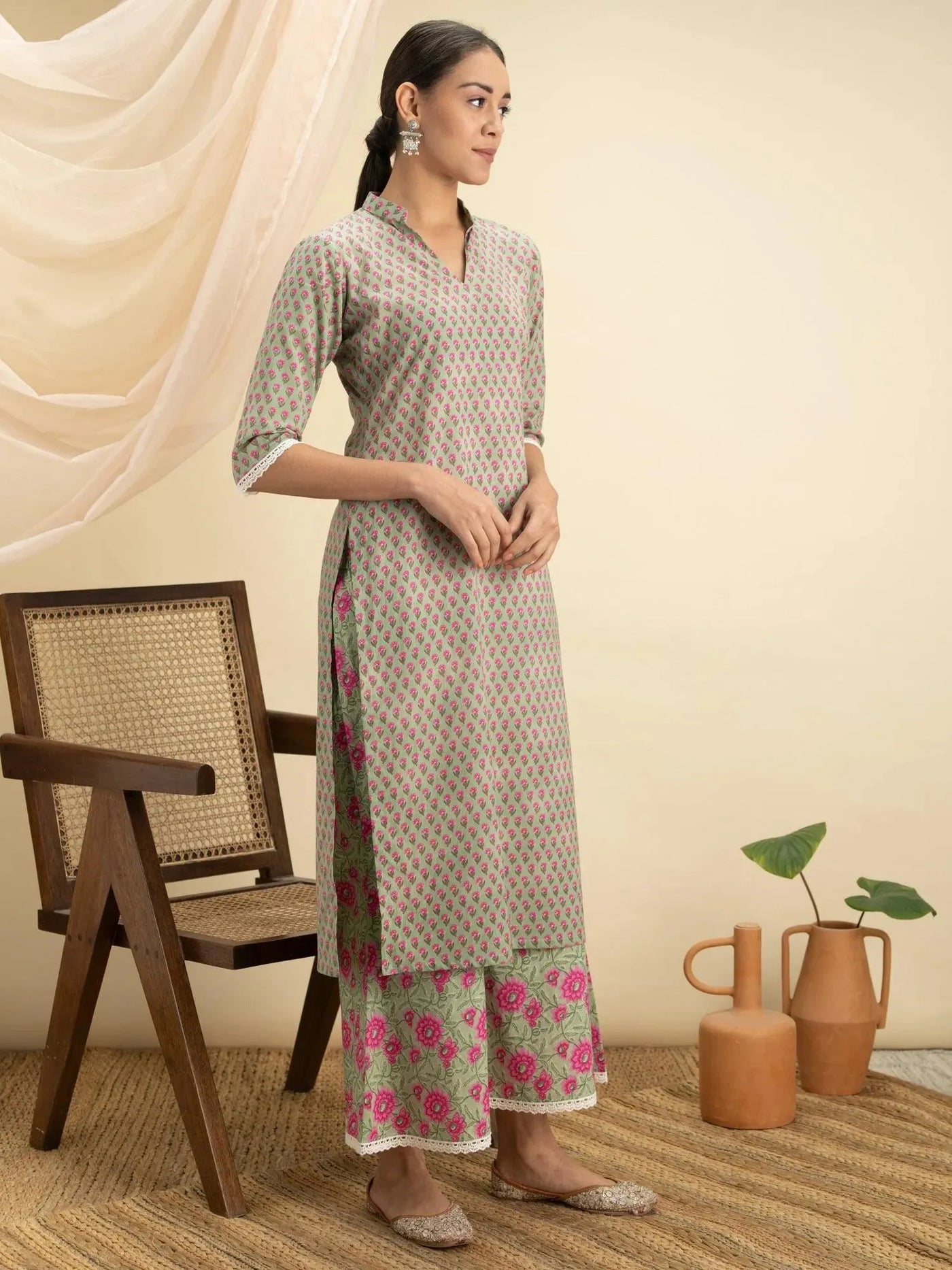 Green Printed Cotton Kurta Set - Libas