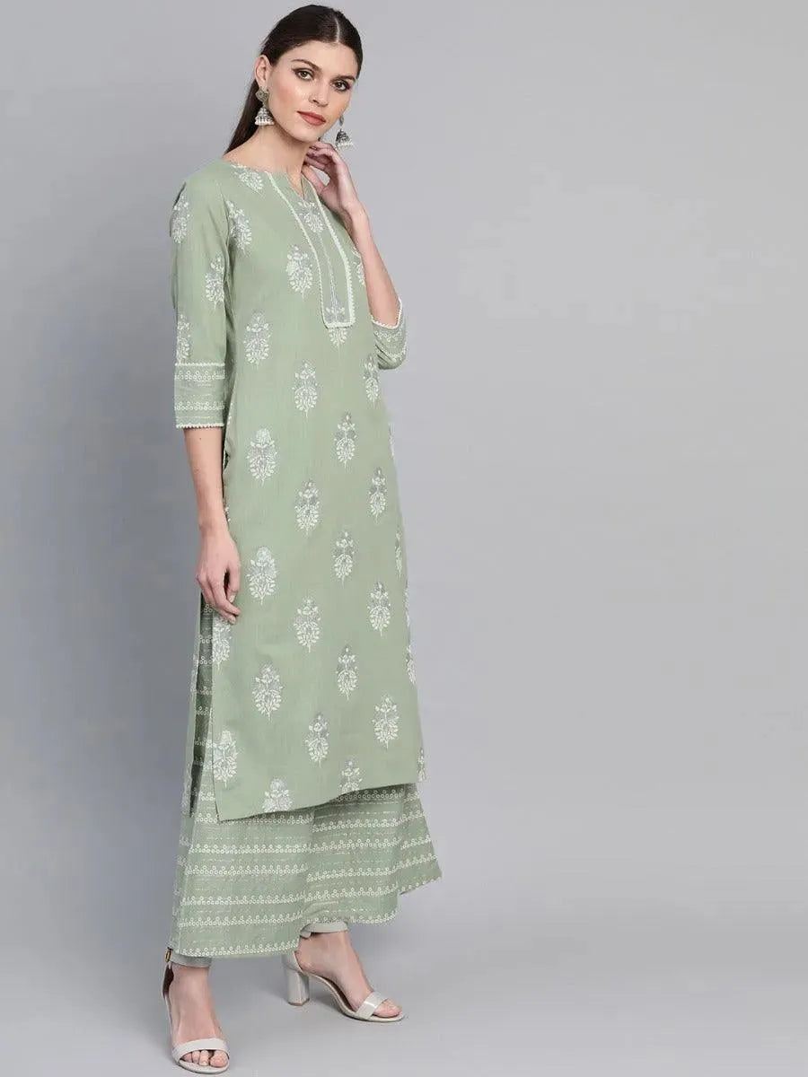 Green Printed Cotton Kurta Set - Libas 