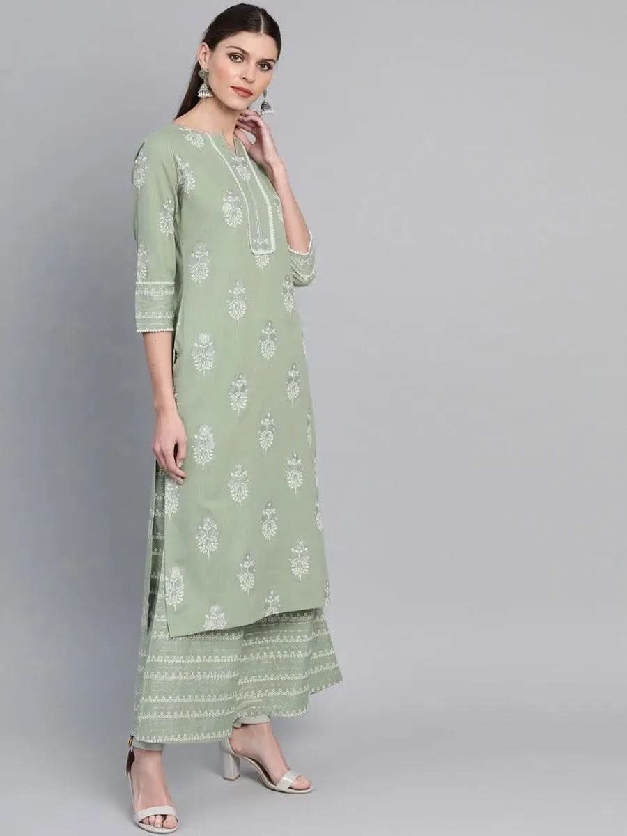 

Green Printed Cotton Straight Kurta With Palazzos