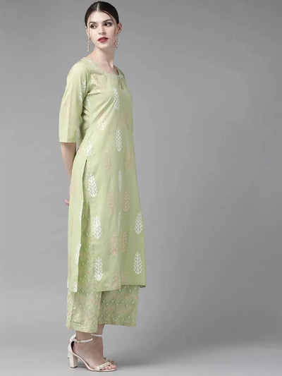 Pastel Green Printed Cotton Kurta Set - Libas