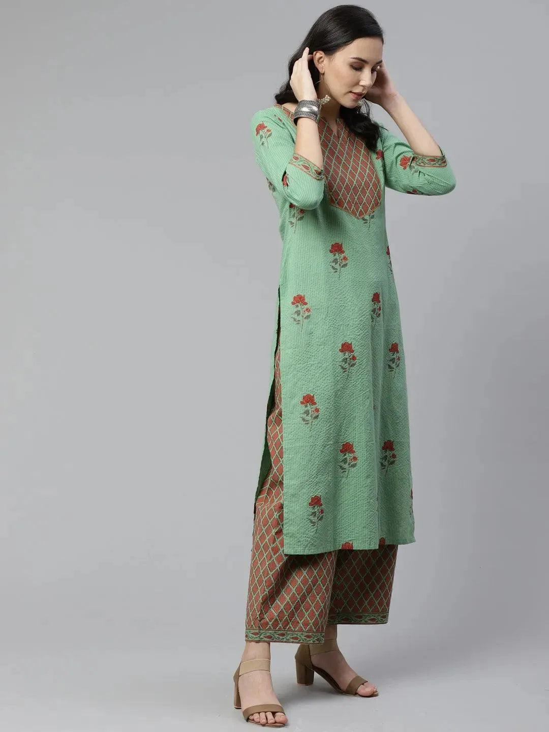 Green Printed Cotton Kurta Set - Libas