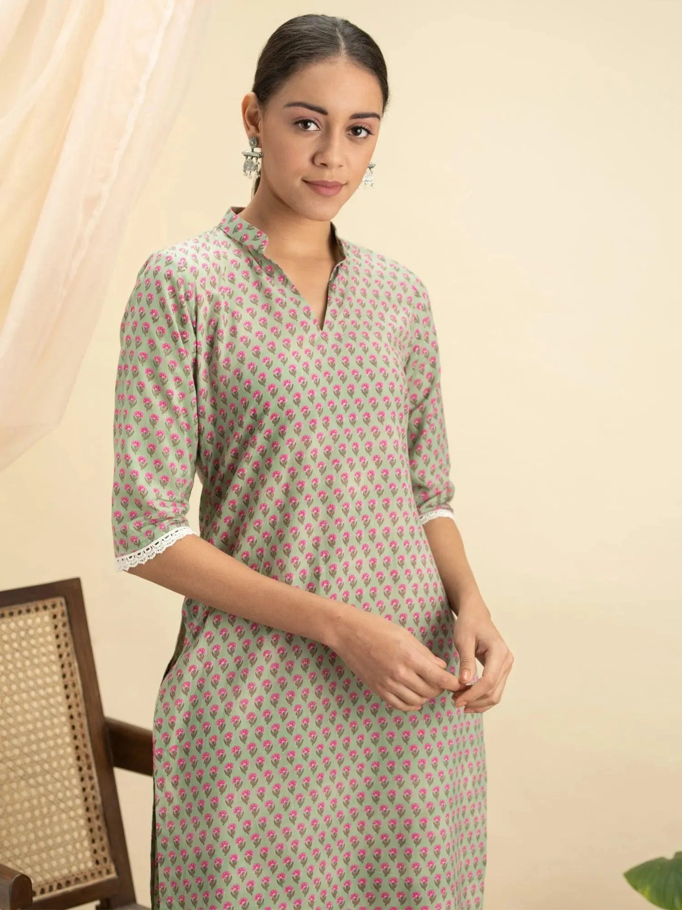 Green Printed Cotton Kurta Set - Libas