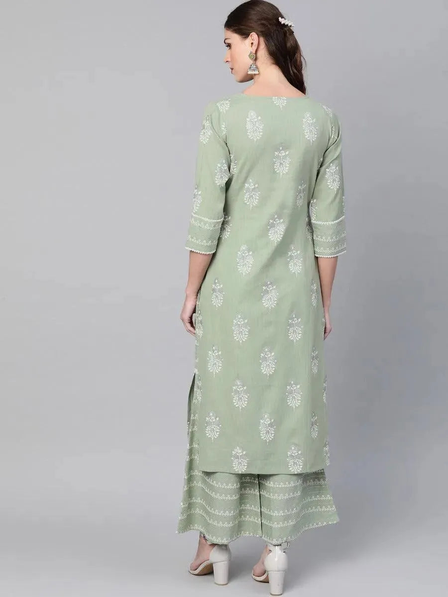 Green Printed Cotton Kurta Set - Libas