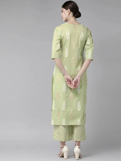 Pastel Green Printed Cotton Kurta Set - Libas