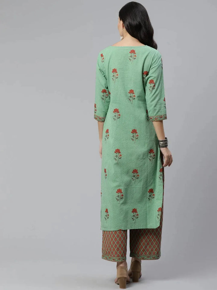 Green Printed Cotton Kurta Set - Libas