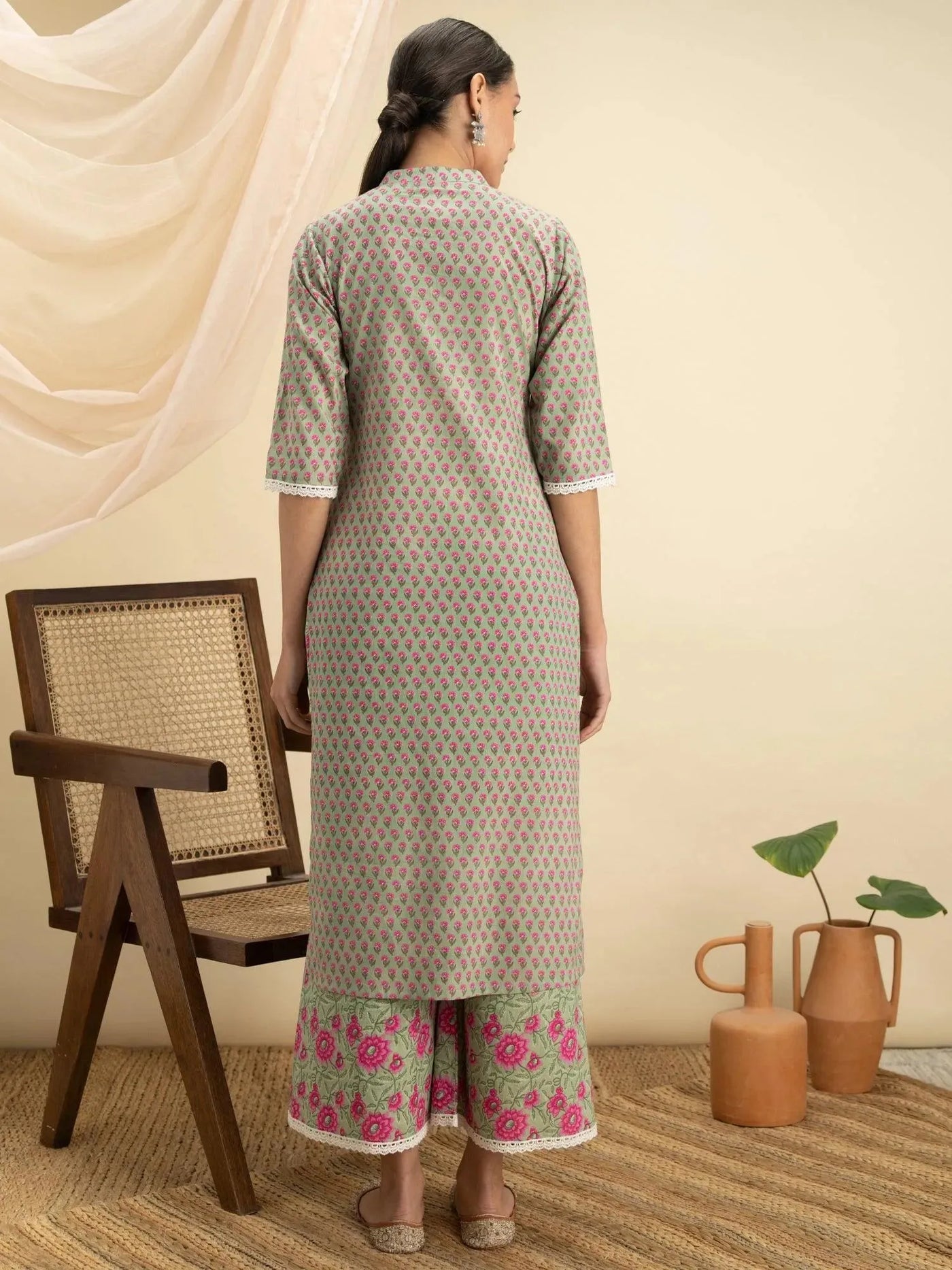 Green Printed Cotton Kurta Set - Libas