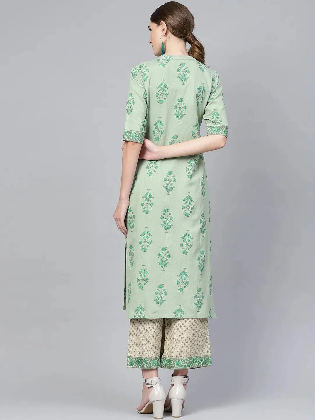 

Green Printed Cotton Straight Kurta With Palazzos