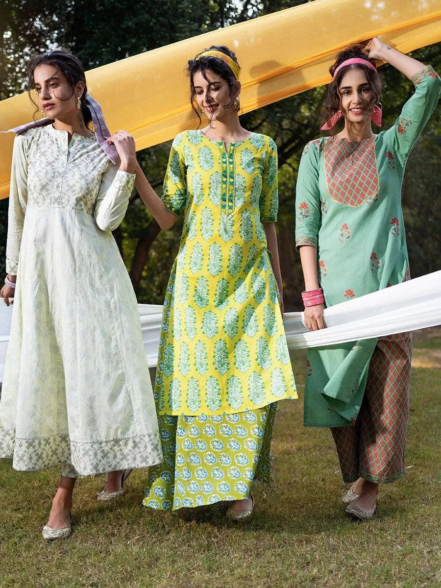 Green Printed Cotton Kurta Set - Libas