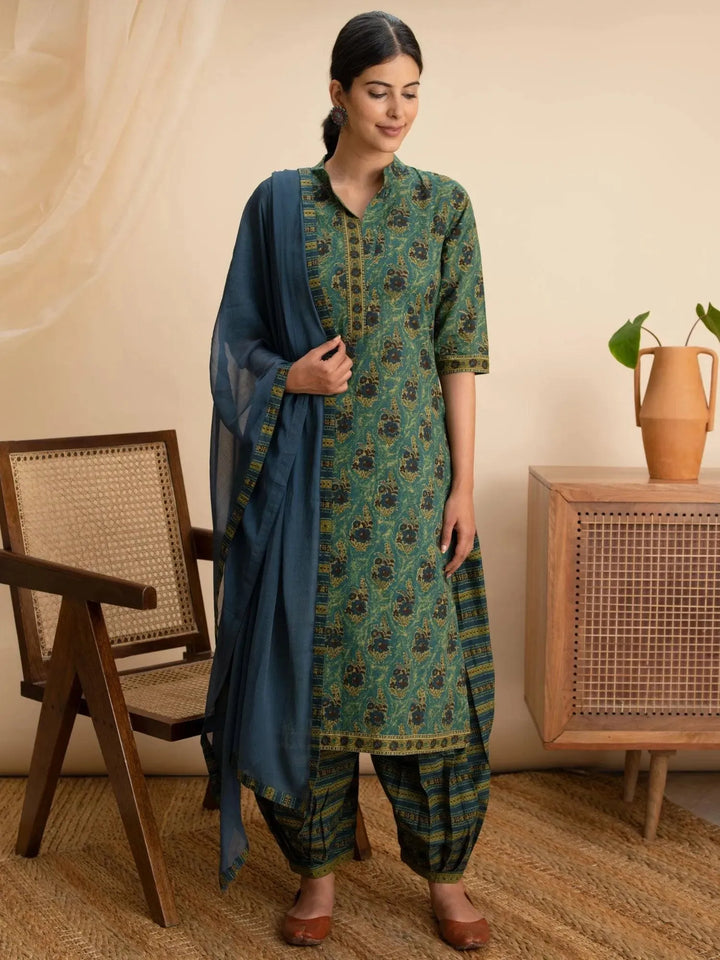 Green Printed Cotton Suit Set - Libas