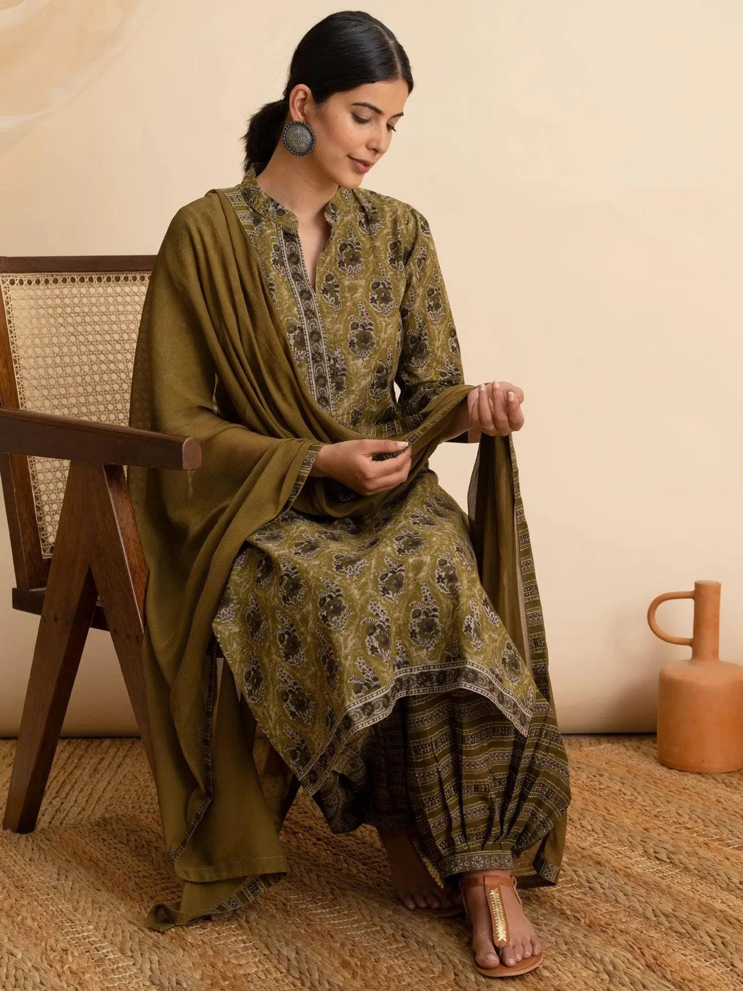 Green Printed Cotton Suit Set - Libas