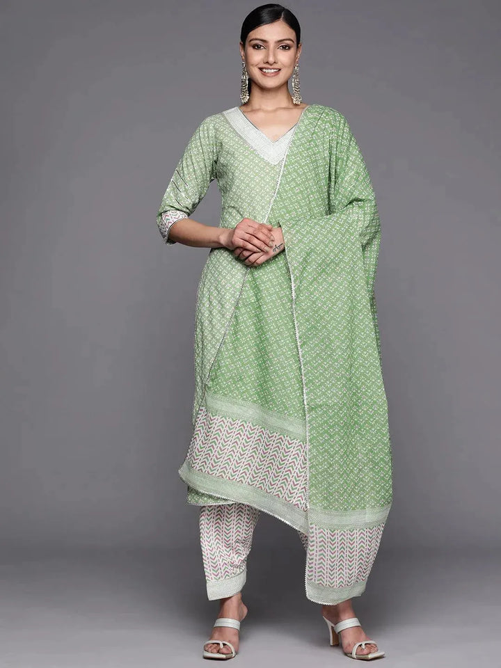 Green Printed Cotton Straight Suit Set With Salwar - Libas