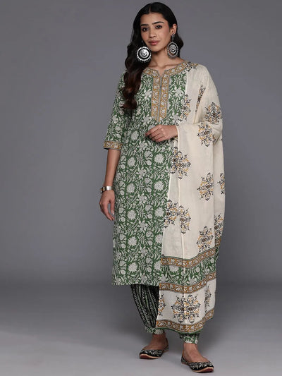 Green Printed Cotton Straight Kurta With Salwar & Dupatta - Libas