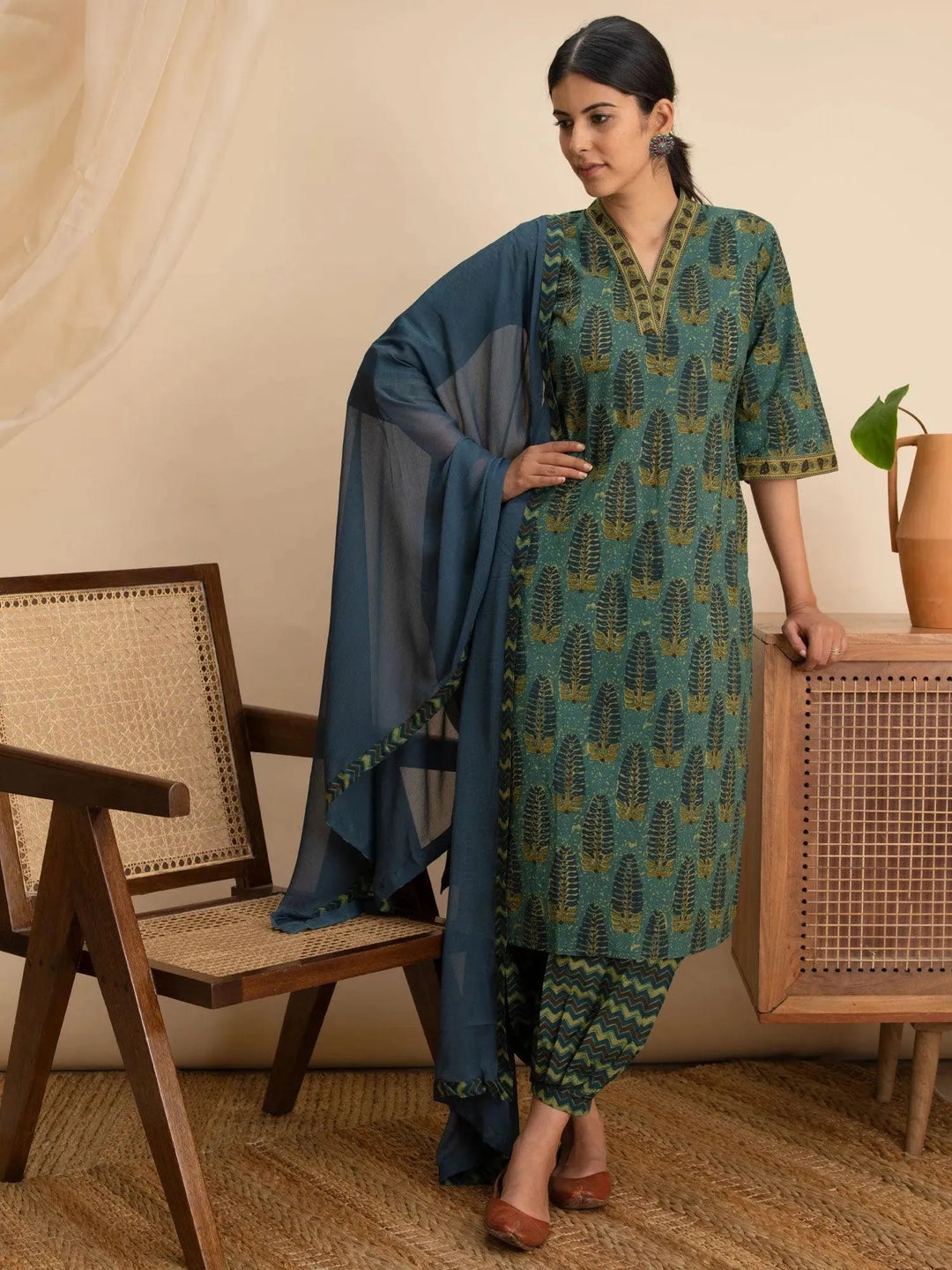 Green Printed Cotton Suit Set - Libas