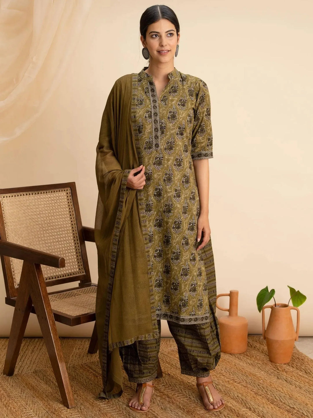 Green Printed Cotton Suit Set - Libas