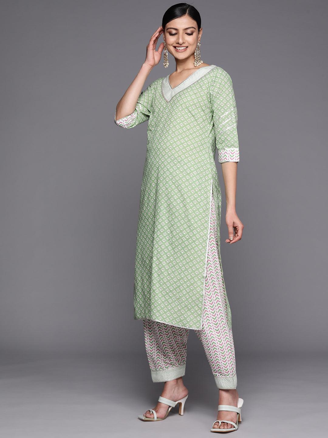 Green Printed Cotton Straight Suit Set With Salwar - Libas