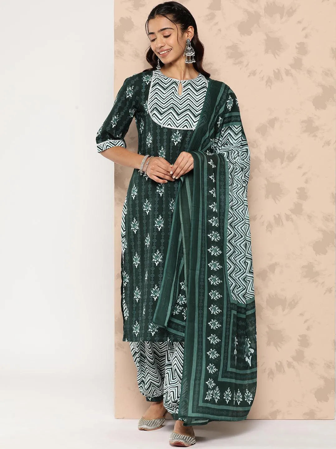Green Printed Cotton Straight Kurta With Salwar & Dupatta - Libas 