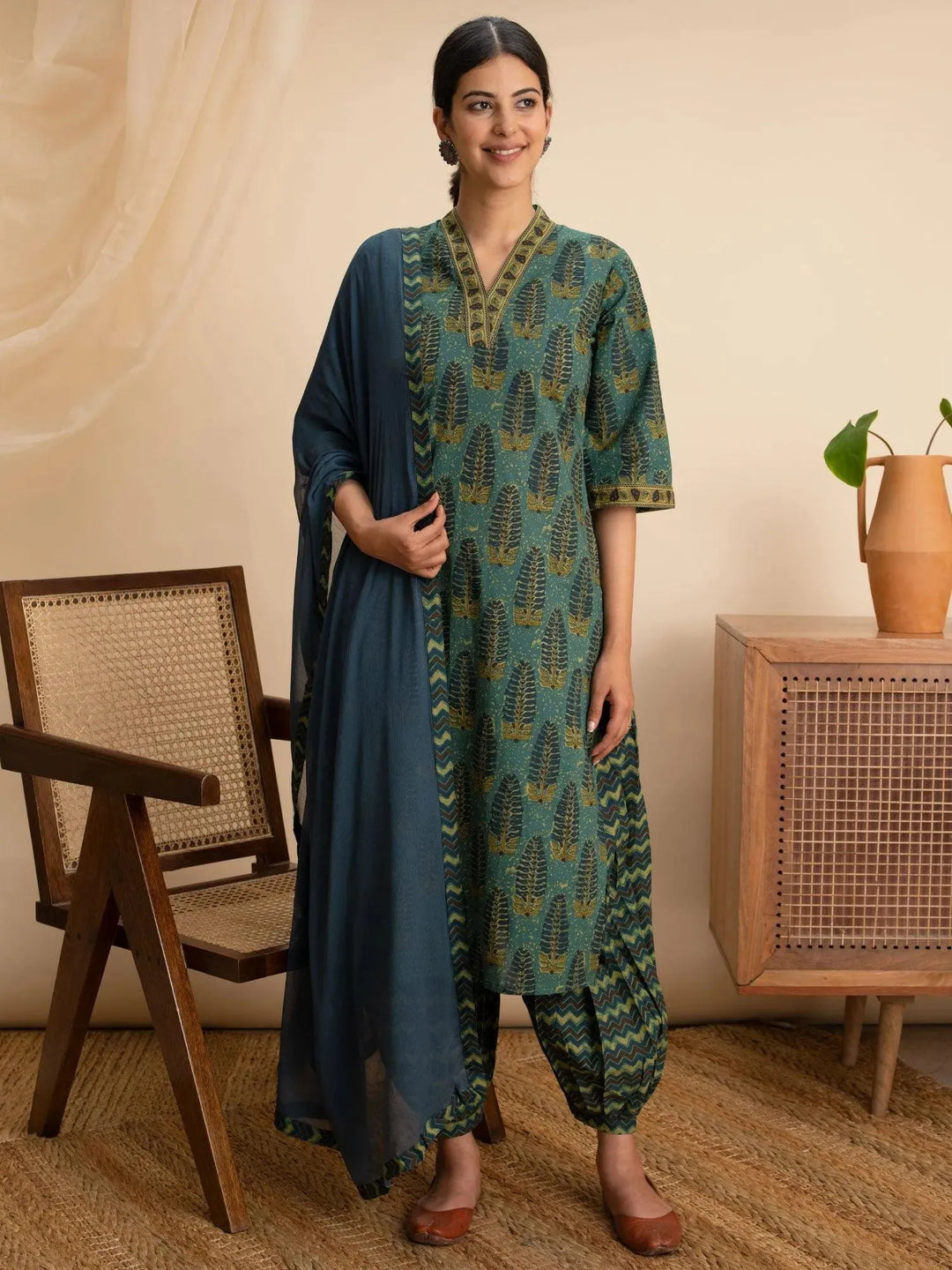 Green Printed Cotton Suit Set - Libas 