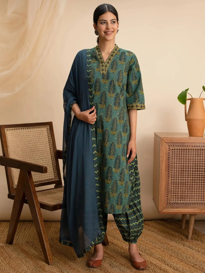 Green Printed Cotton Suit Set - Libas