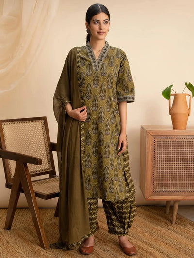 Green Printed Cotton Suit Set - Libas