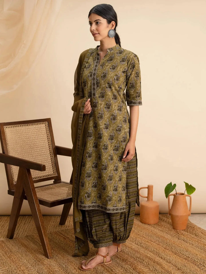 Green Printed Cotton Suit Set - Libas