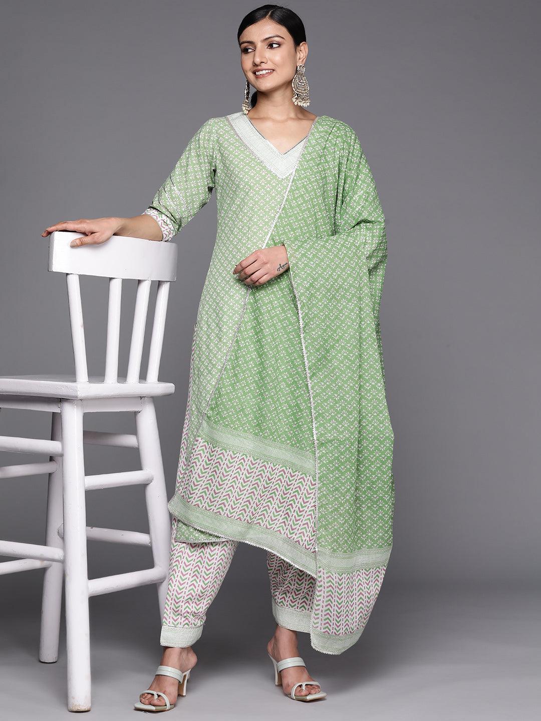 Green Printed Cotton Straight Suit Set With Salwar - Libas