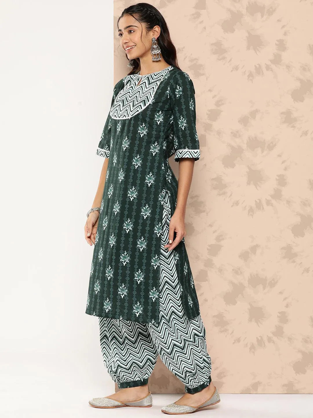 Green Printed Cotton Straight Kurta With Salwar & Dupatta - Libas 