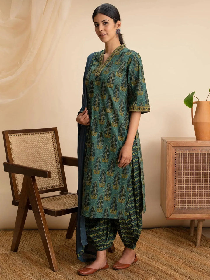 Green Printed Cotton Suit Set - Libas