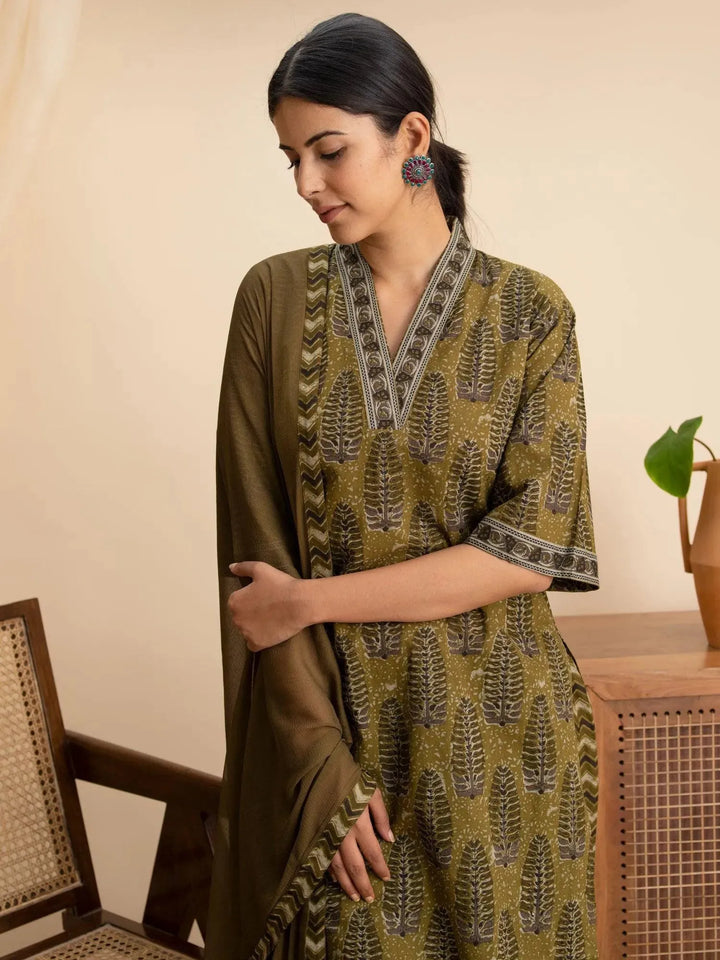 Green Printed Cotton Suit Set - Libas