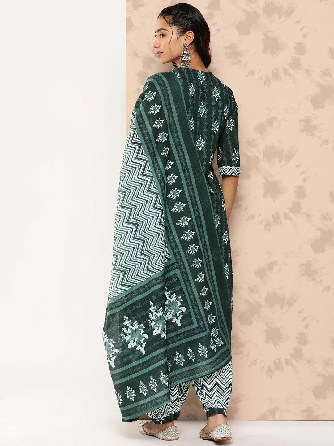 Green Printed Cotton Straight Kurta With Salwar & Dupatta - Libas 