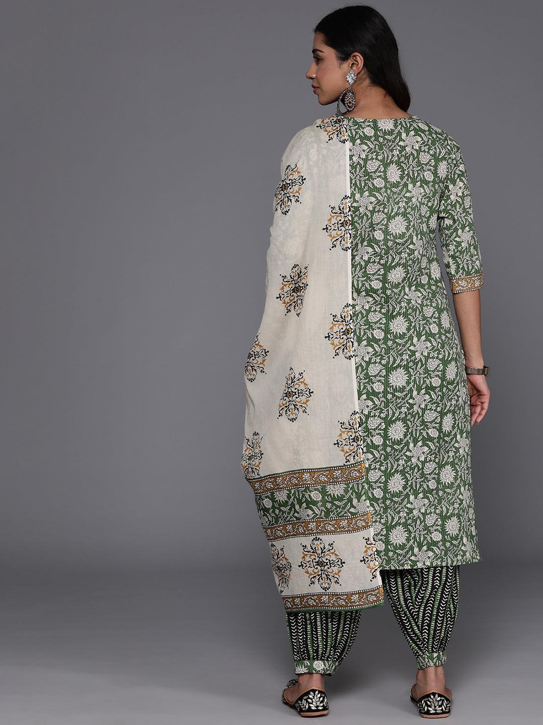 Green Printed Cotton Straight Kurta With Salwar & Dupatta - Libas