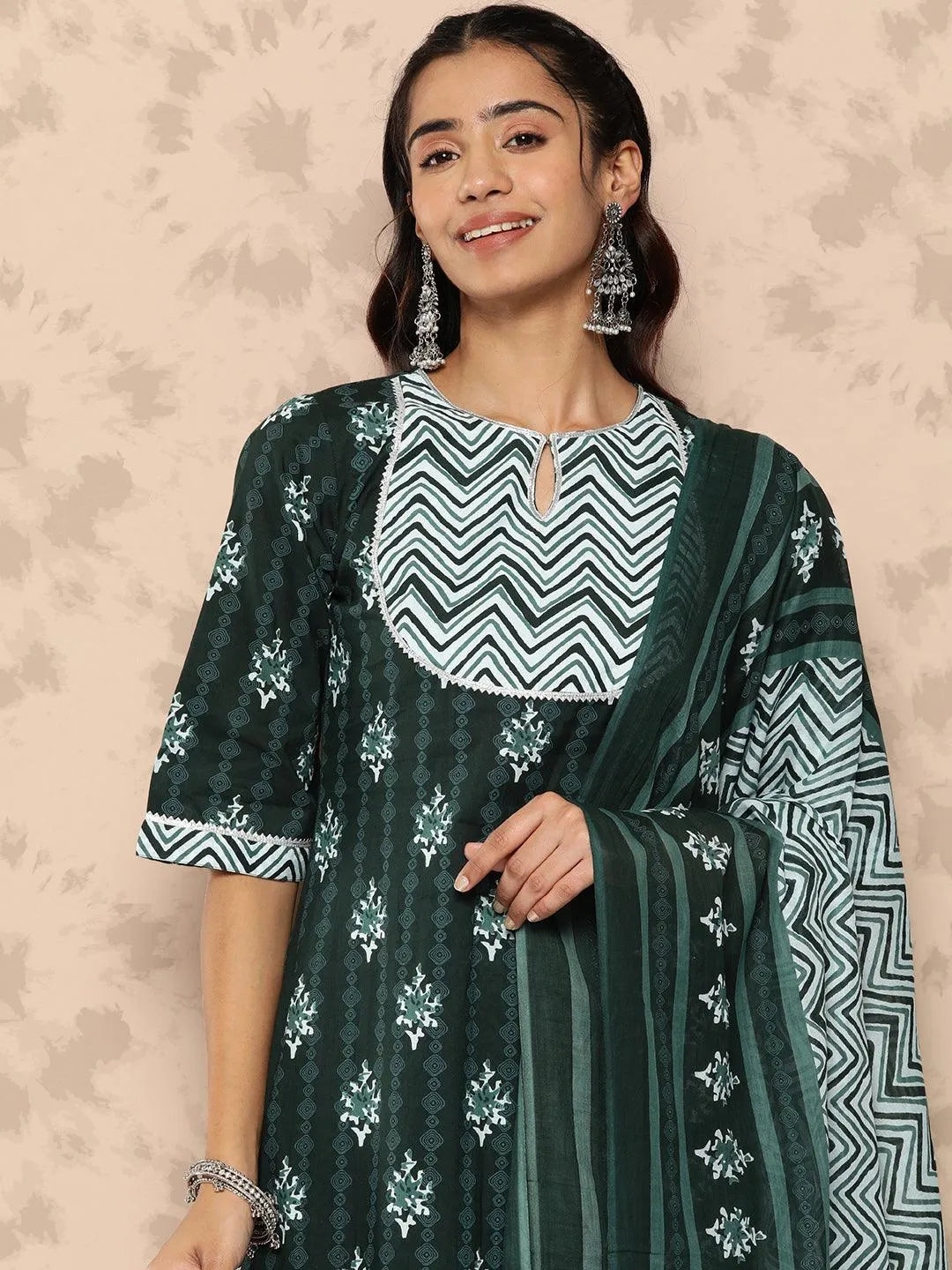 Green Printed Cotton Straight Kurta With Salwar & Dupatta - Libas 