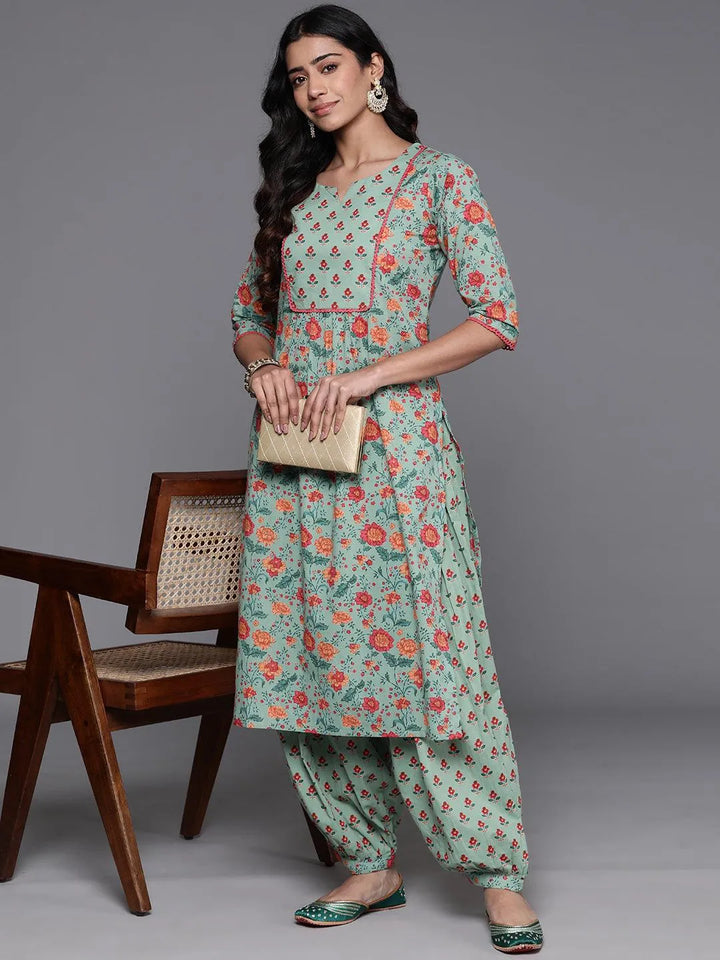 Green Printed Cotton Straight Kurta With Salwar - Libas