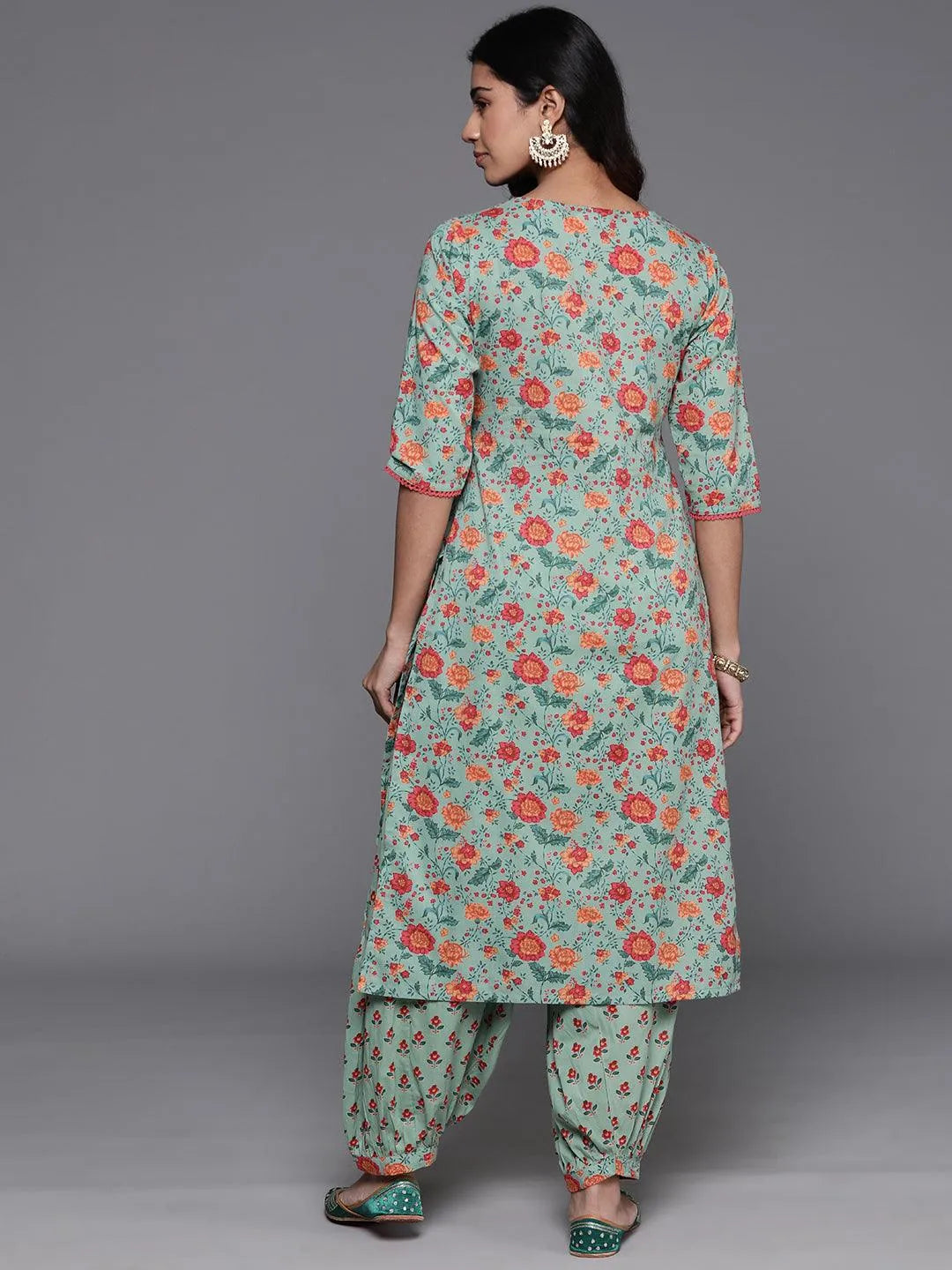 Green Printed Cotton Straight Kurta With Salwar - Libas