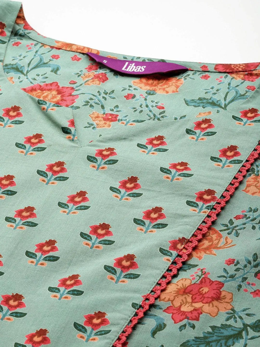 Green Printed Cotton Straight Kurta With Salwar - Libas 