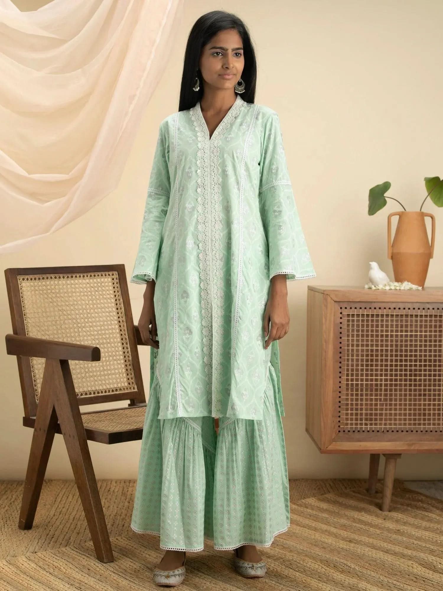 libas Green Printed Cotton Straight Kurta With Sharara-picture-33