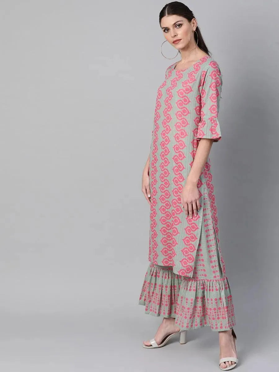 Green Printed Cotton Kurta Set - Libas 