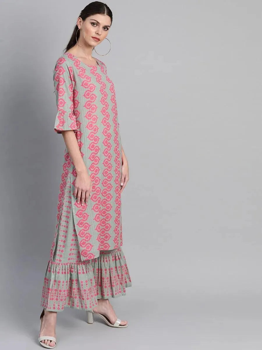 Green Printed Cotton Kurta Set - Libas 