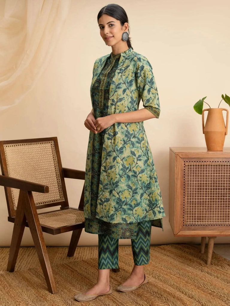 Buy Green Printed Cotton Straight Kurta With Shrug Online at Rs - Main Image