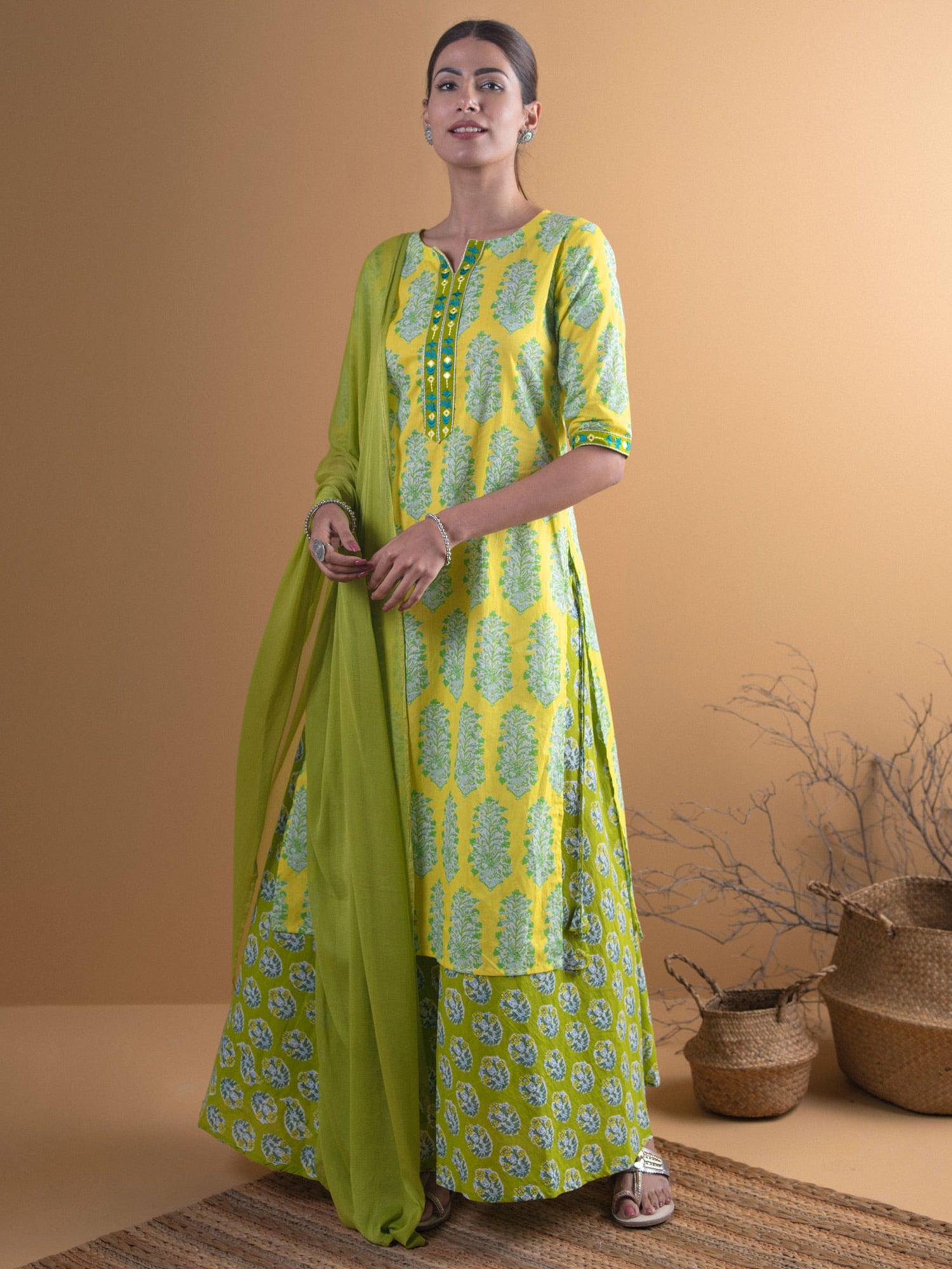 Green Printed Cotton Straight Kurta With Skirt & Dupatta