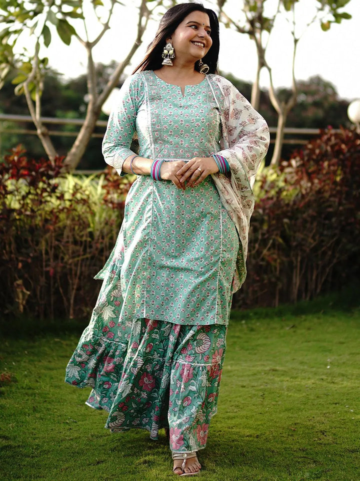 Green Printed Cotton Straight Kurta With Skirt & Dupatta - Libas